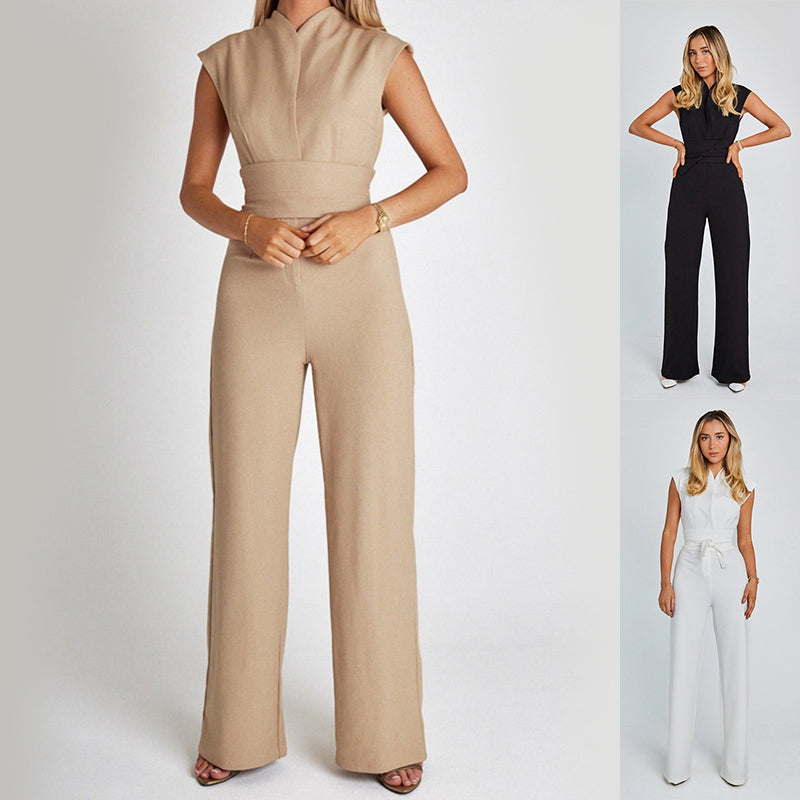 Elegante Mouwloze Jumpsuit | V-hals & Wijde Pijpen | Zwart, Wit & Khaki