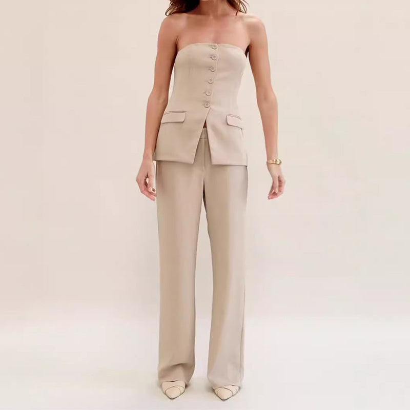 Elegant Dames Twinset | Tube Top met Knopen & Rechte Broek | Meerdere Kleuren