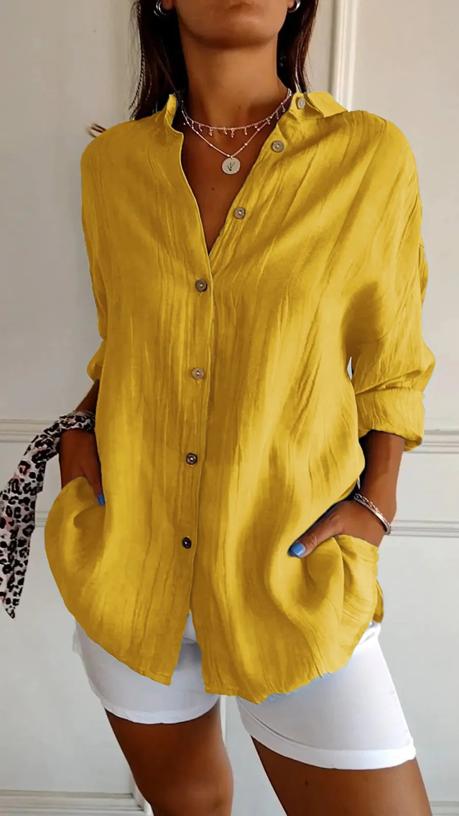 Damesblouse | Revers & Lange Mouwen | Geplooide Knoop Tops