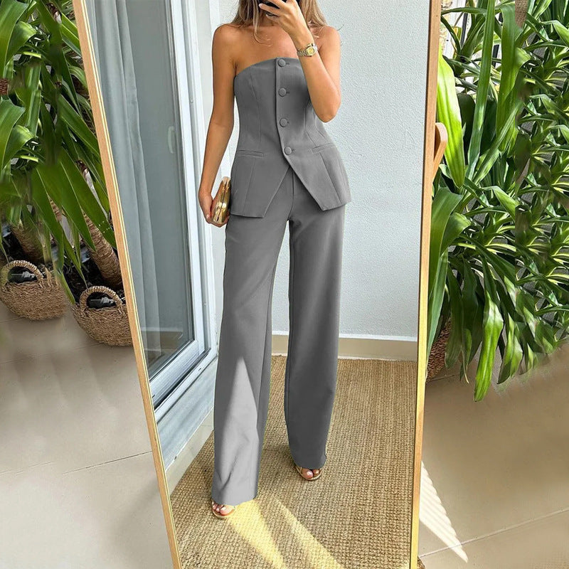 Elegant Dames Twinset | Tube Top met Knopen & Rechte Broek | Meerdere Kleuren
