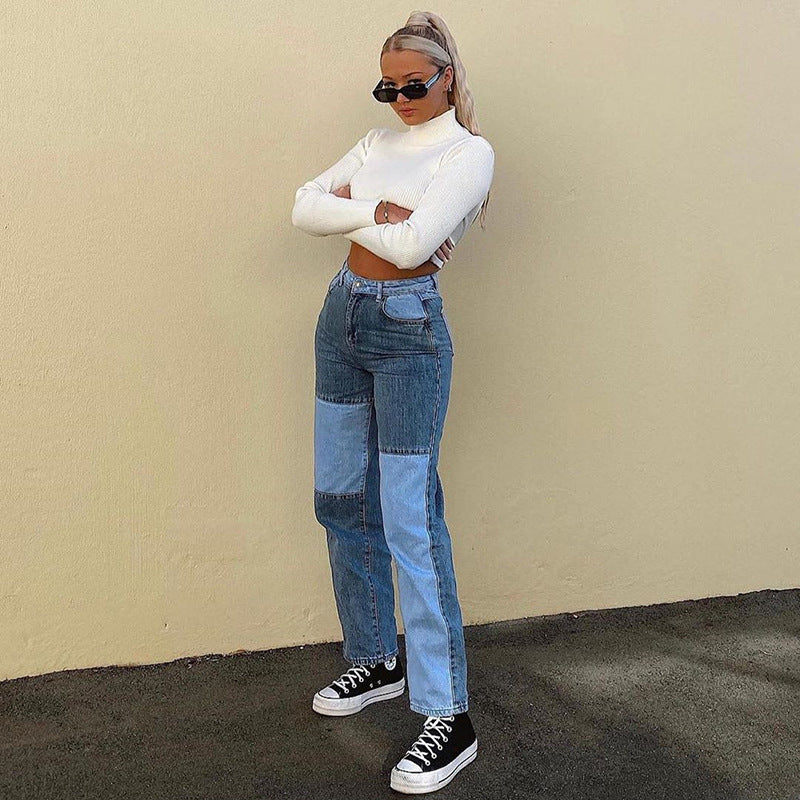 Straight Leg Dames Jeans | Hoge Taille & Contrast Stiksels | Gewassen Denim