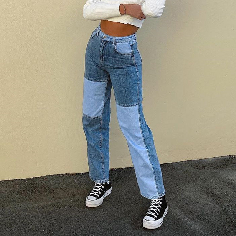 Straight Leg Dames Jeans | Hoge Taille & Contrast Stiksels | Gewassen Denim