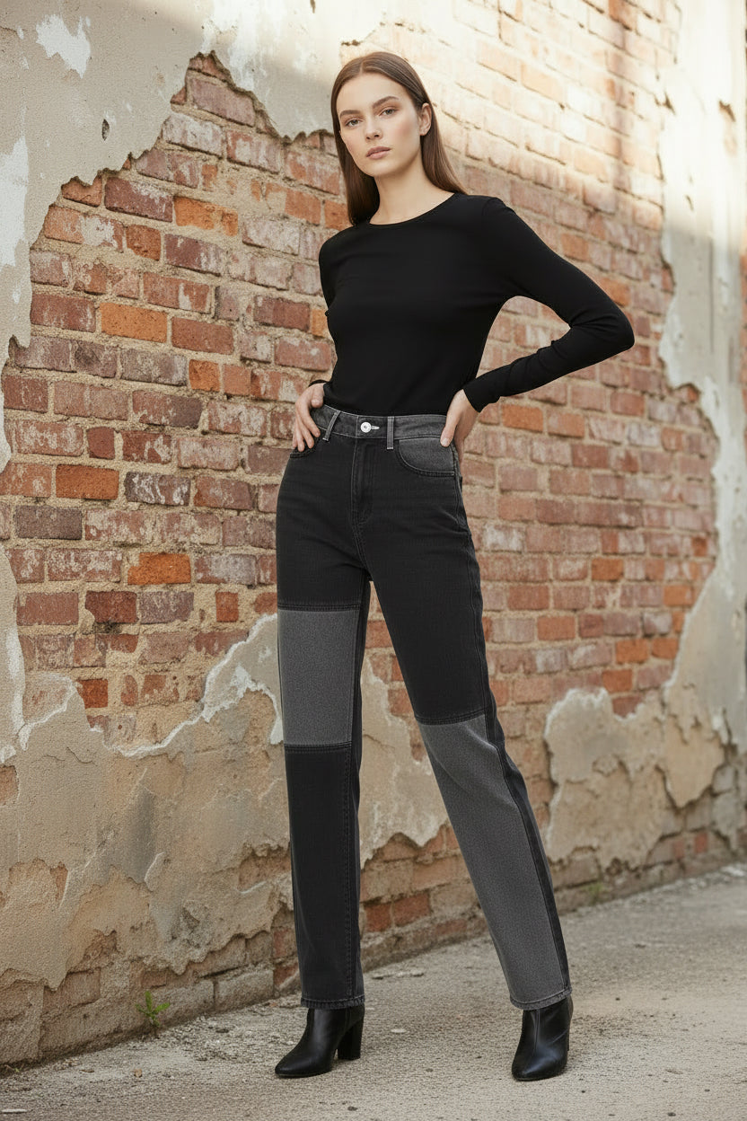 Straight Leg Dames Jeans | Hoge Taille & Contrast Stiksels | Gewassen Denim