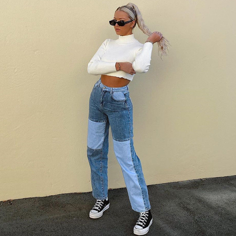 Straight Leg Dames Jeans | Hoge Taille & Contrast Stiksels | Gewassen Denim