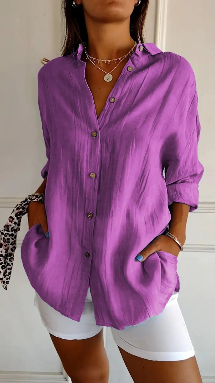Damesblouse | Revers & Lange Mouwen | Geplooide Knoop Tops