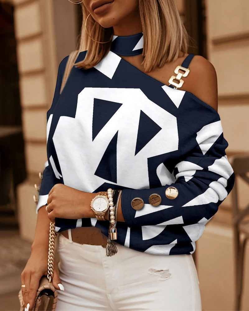 Dames Top | Lange Mouwen & Ketting Detail | Bedrukt & Stijlvol
