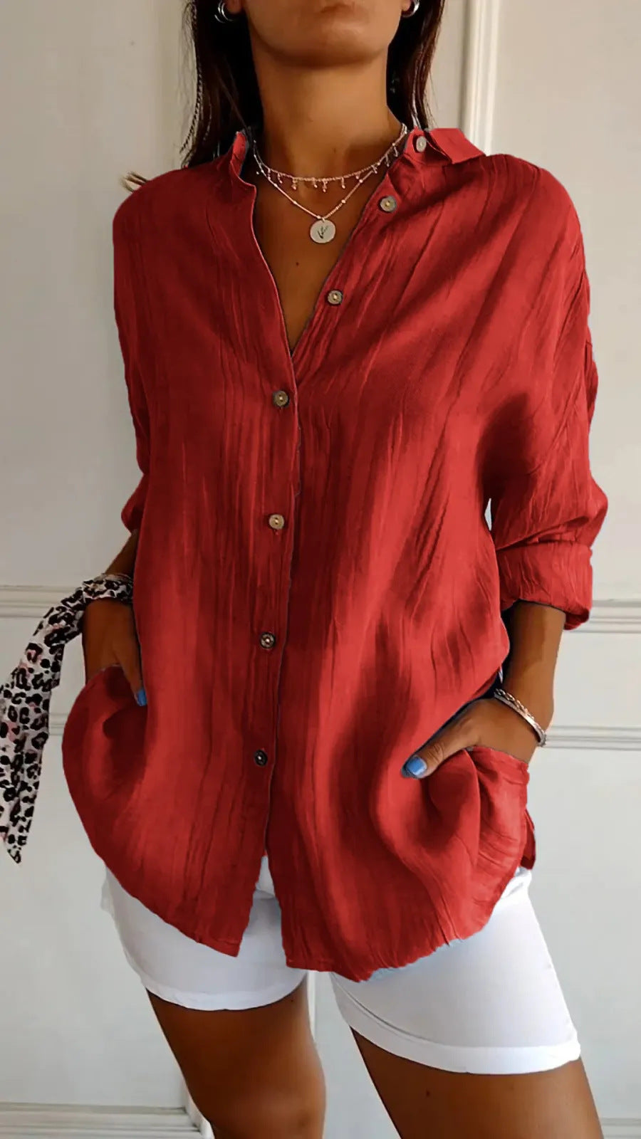 Damesblouse | Revers & Lange Mouwen | Geplooide Knoop Tops