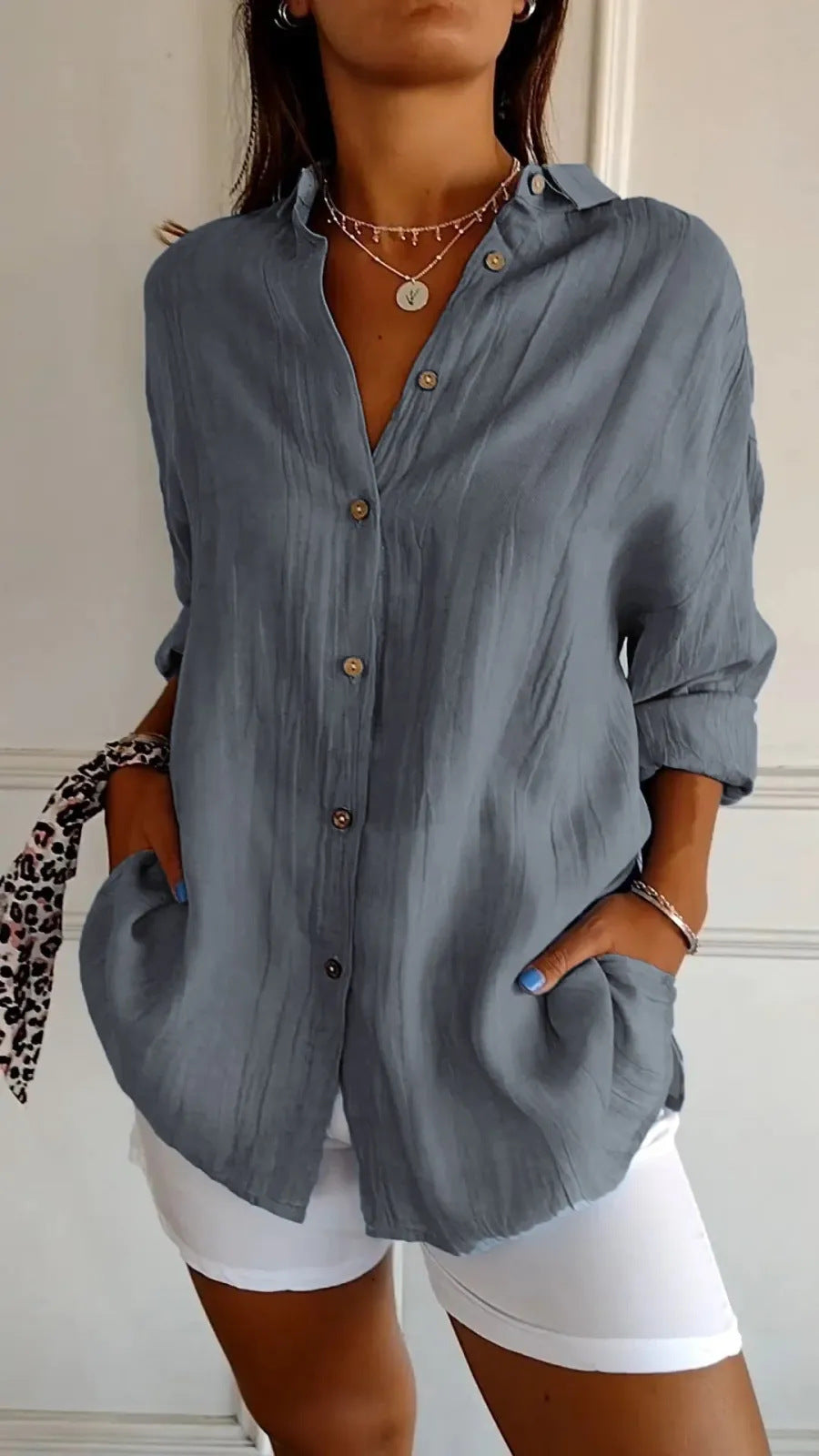 Damesblouse | Revers & Lange Mouwen | Geplooide Knoop Tops