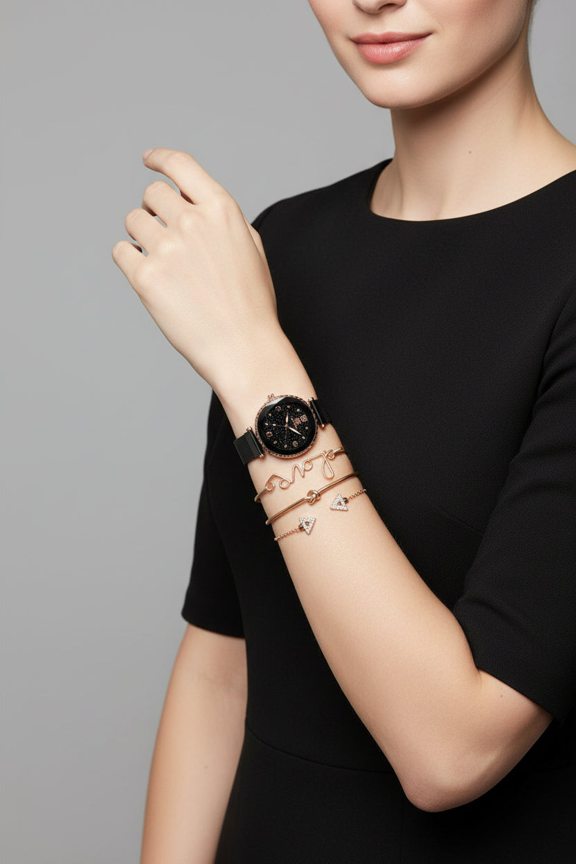 Sterrenhemel Dameshorloge – Magnetische Armband met Romeinse Cijfers