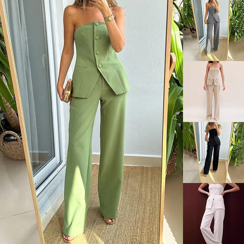 Elegant Dames Twinset | Tube Top met Knopen & Rechte Broek | Meerdere Kleuren