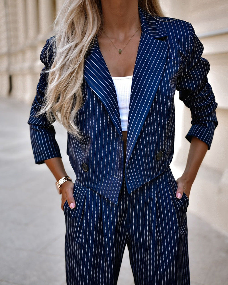 Gestreept Dames Twinset | Cropped Blazer & Rechte Broek | Grijs & Donkerblauw