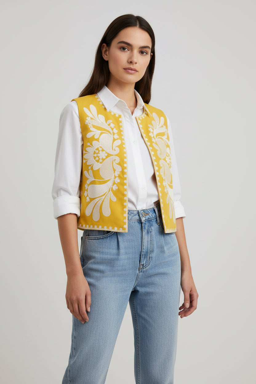 Geborduurde Gilet | Mouwloos & Bloemmotief | Folk Art Vest