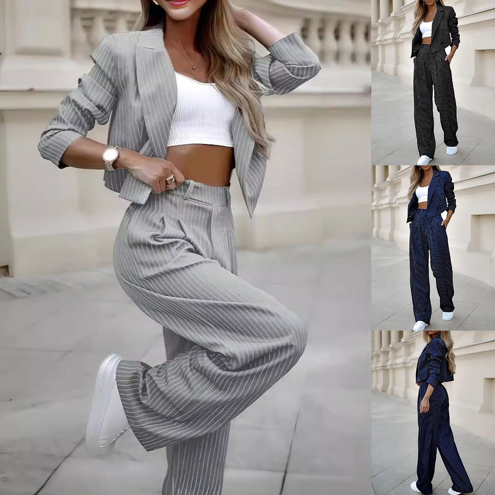 Gestreept Dames Twinset | Cropped Blazer & Rechte Broek | Grijs & Donkerblauw