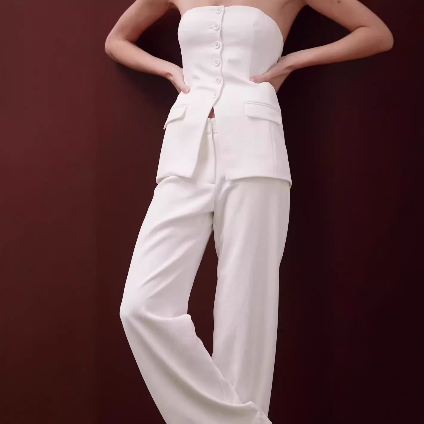 Elegant Dames Twinset | Tube Top met Knopen & Rechte Broek | Meerdere Kleuren