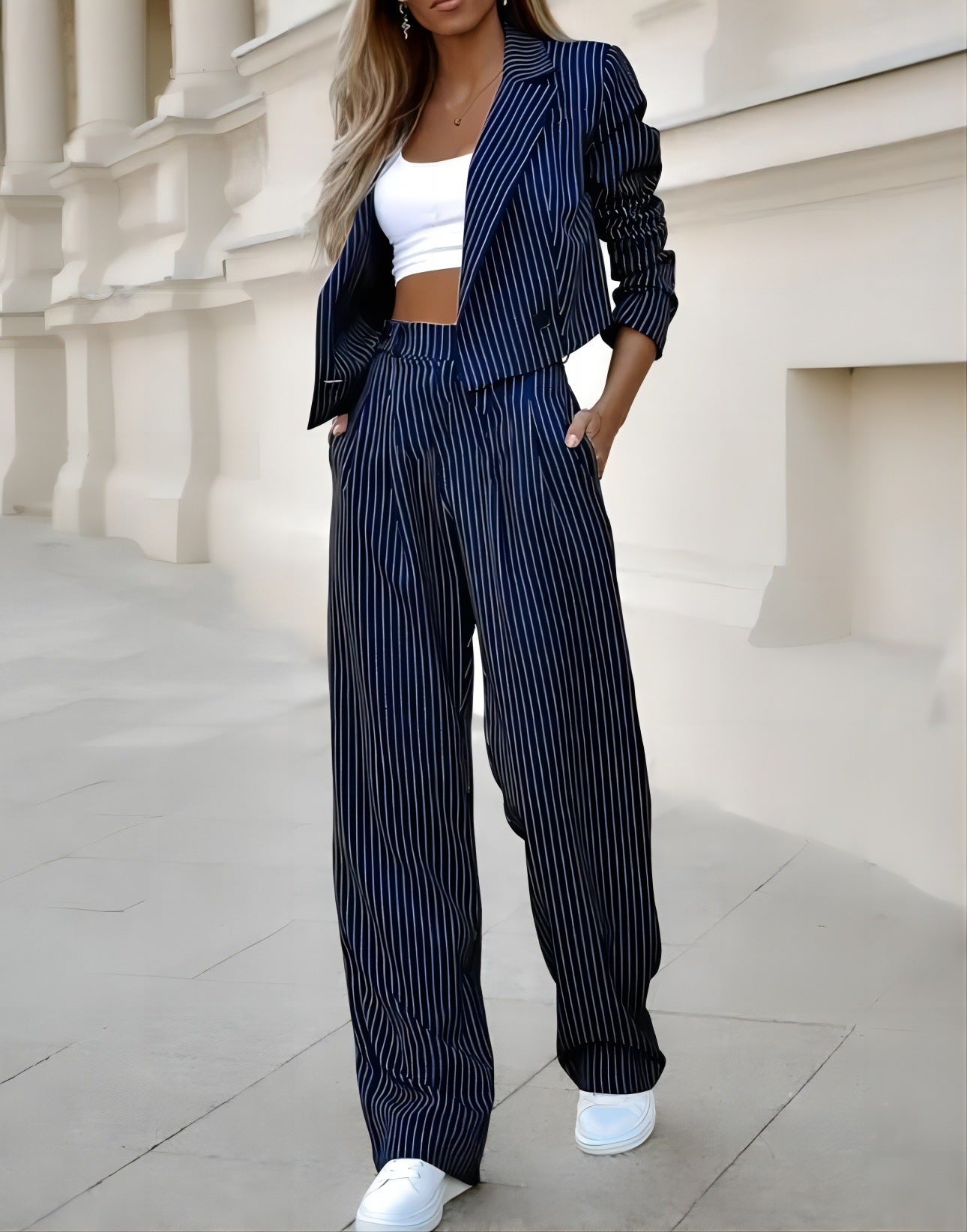 Gestreept Dames Twinset | Cropped Blazer & Rechte Broek | Grijs & Donkerblauw
