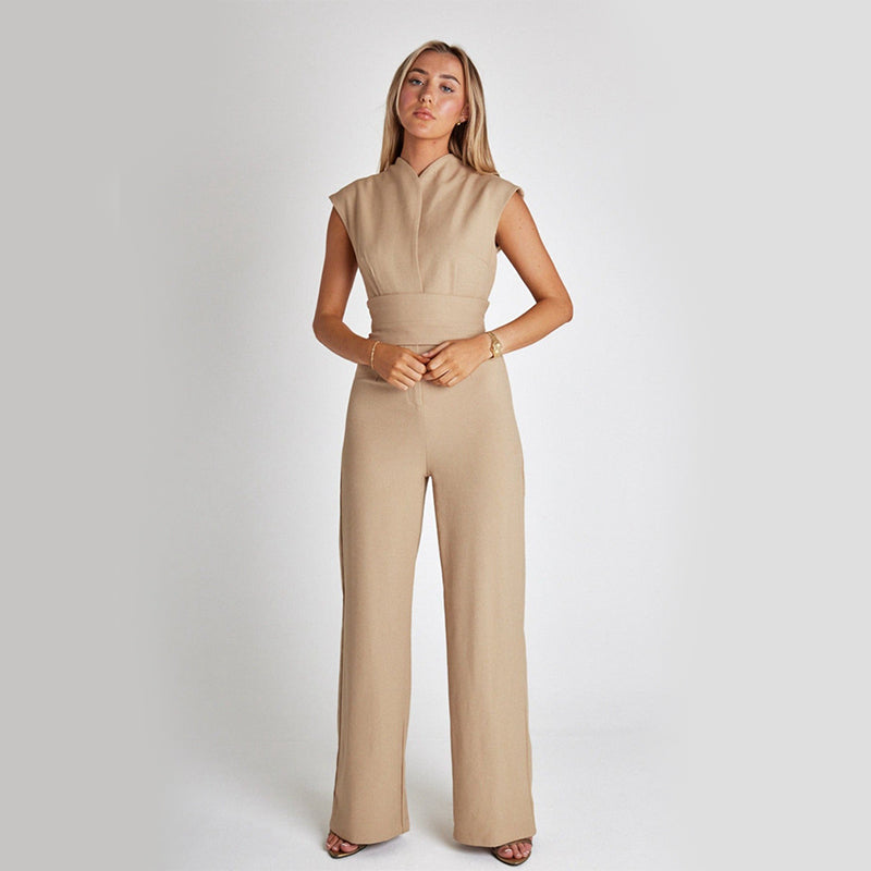 Elegante Mouwloze Jumpsuit | V-hals & Wijde Pijpen | Zwart, Wit & Khaki