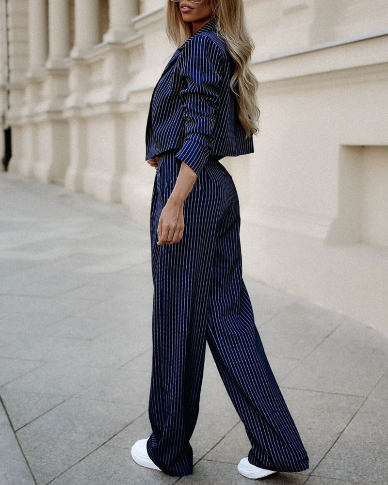 Gestreept Dames Twinset | Cropped Blazer & Rechte Broek | Grijs & Donkerblauw
