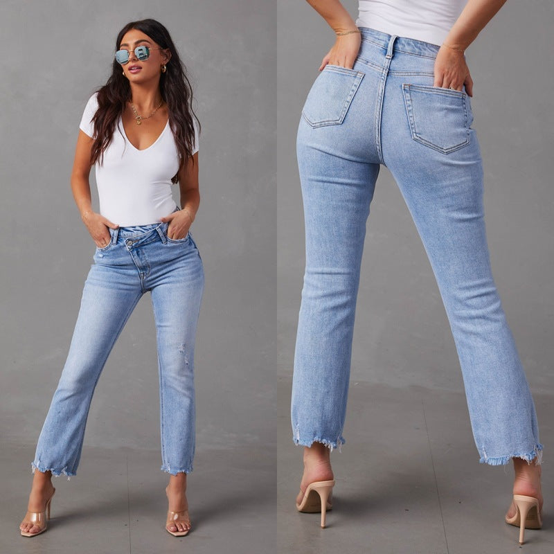 Trendy Dames Jeans | Hoge Taille & Destroyed Look | Lichtblauw
