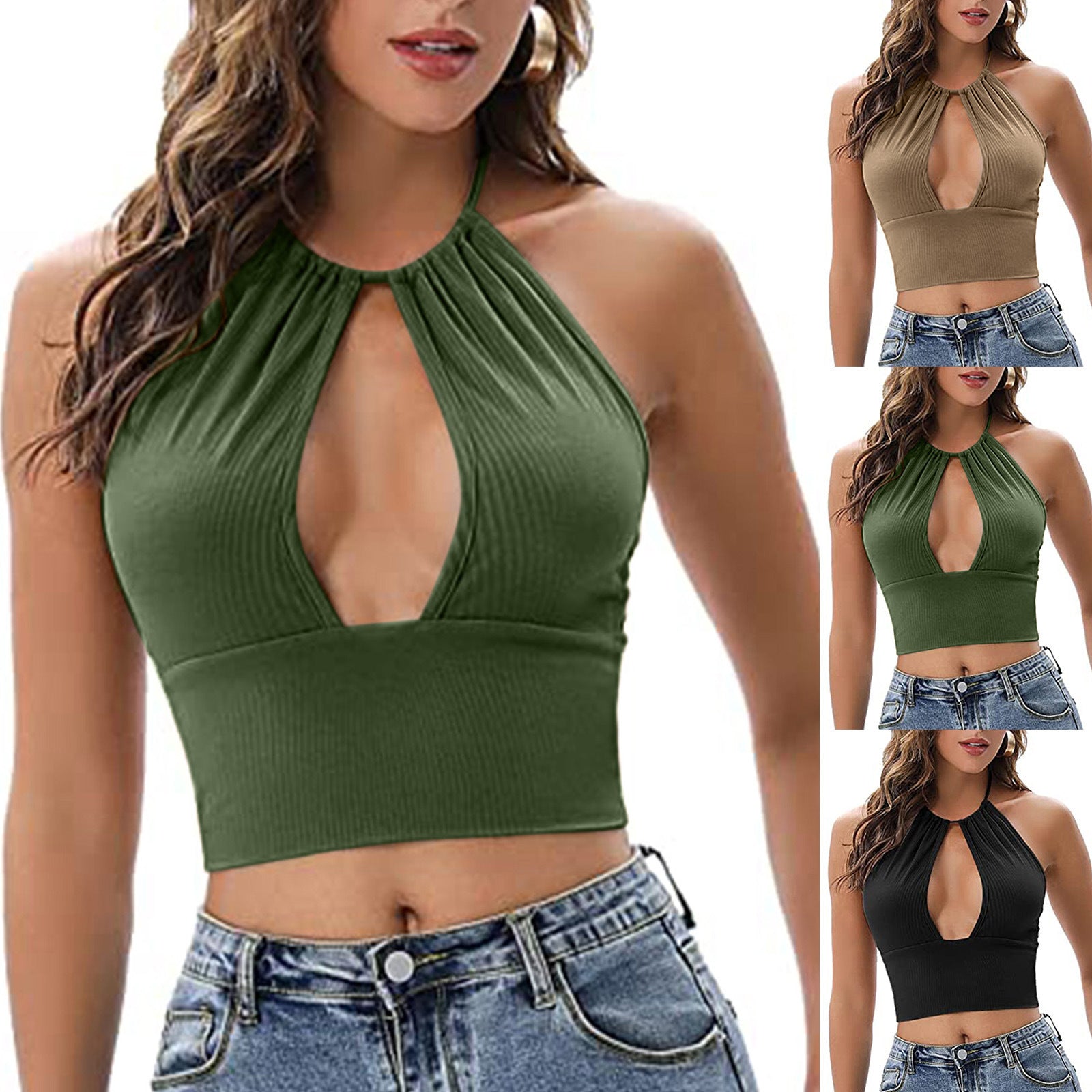 Sexy Halter Top | Uitgesneden Design & Hoge Elasticiteit | Groen, Zwart & Khaki