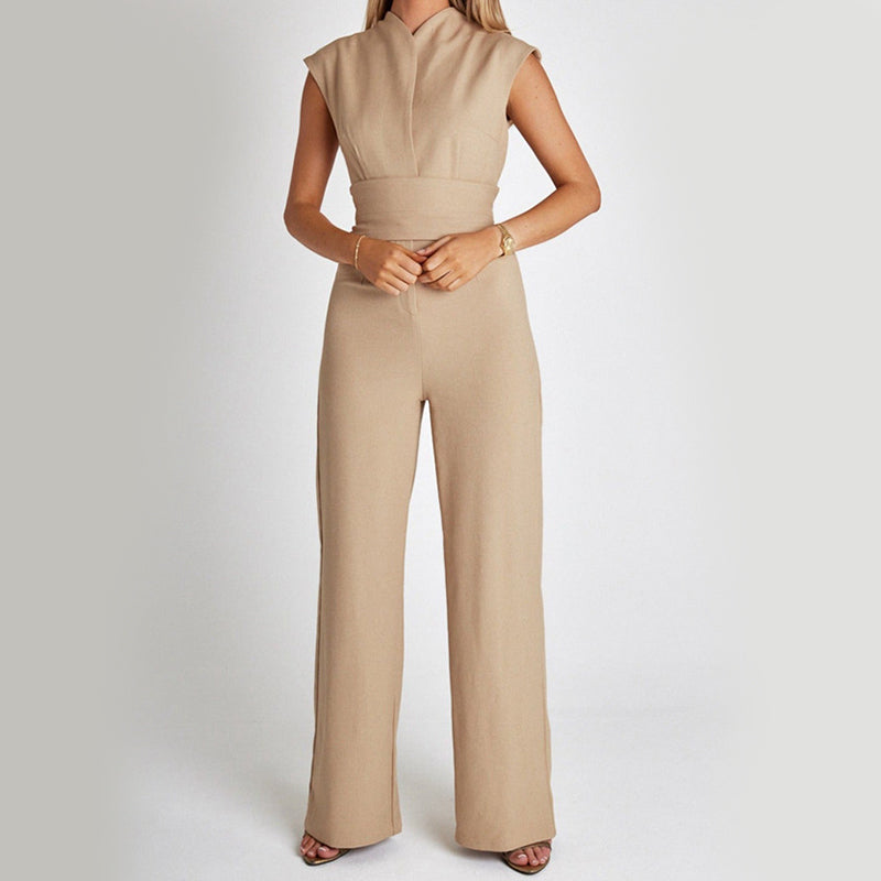 Elegante Mouwloze Jumpsuit | V-hals & Wijde Pijpen | Zwart, Wit & Khaki