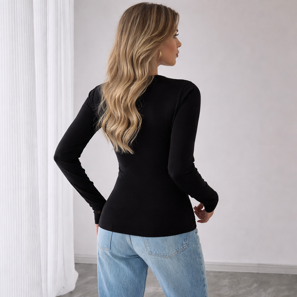 Zwart Dames T-shirt | Holle Roos & Metalen Details | Lange Mouwen
