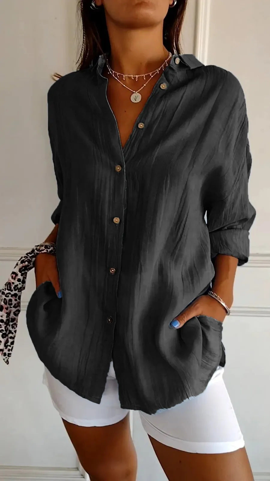 Damesblouse | Revers & Lange Mouwen | Geplooide Knoop Tops