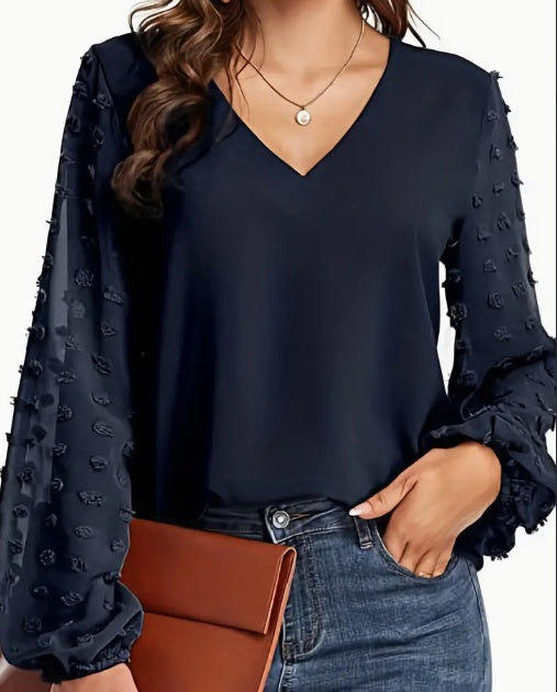 Swiss Dot Damesblouse | V-hals & Relaxed Fit | Lente & Herfst
