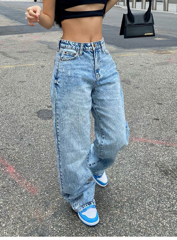 Slim Fit Dames Jeans | Hoge Taille | Lichtblauw & Gebroken Wit