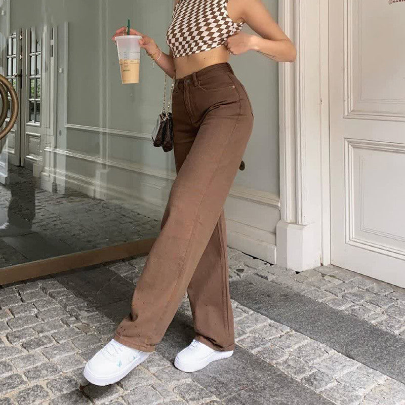 Retro Bruine Dames Jeans | Hoge Taille & Straight Leg | American Style