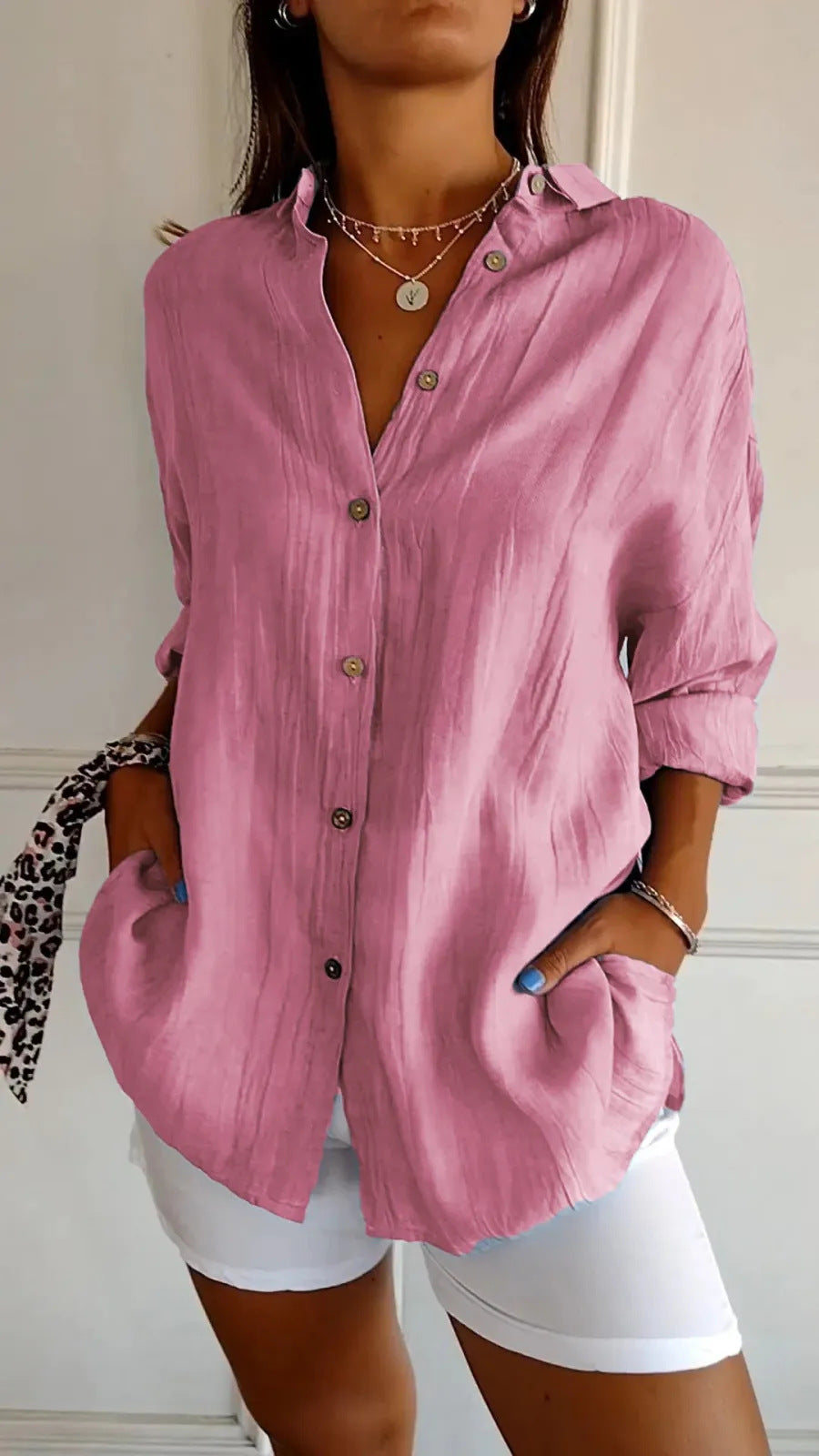 Damesblouse | Revers & Lange Mouwen | Geplooide Knoop Tops