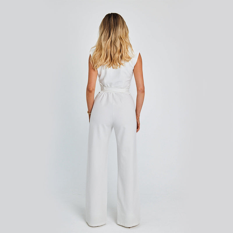 Elegante Mouwloze Jumpsuit | V-hals & Wijde Pijpen | Zwart, Wit & Khaki